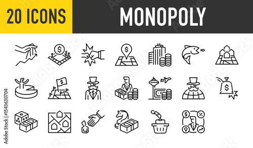 Set of 20 Monopoly vector. such as Antitrust, Finance, Location, Business, Money, Travel, Game, World, Partnership, Market illustration.	
