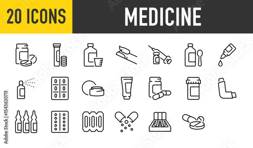 Set of 20 Medicine vector. such as Medicine, Cream, Heal, Cassette illustration.	
