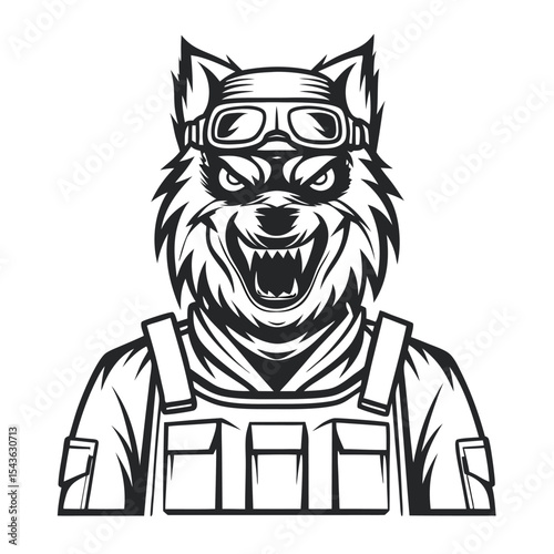Fierce Wolf Character Illustration: Tactical Gear and Goggles, Detailed Black and White Vector Graphic for Mascot or Design Element.                  