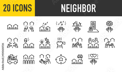 Set of 20 Neighbor vector. such as Peace, Good, Music, Loud, Home, Sound, Angry, Baby, Emergency, Barbecue, Connection, Romance, Dog, Gift, Alert, Location, Watch Over illustration.	
