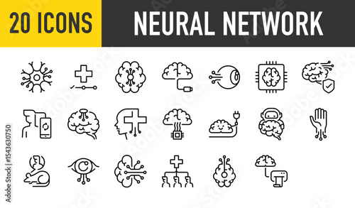Set of 20 Neural network icons. such as Link, Method, Cpu, Network, Connection, Medical, Technology, Mouse, Digital, illustration.	
