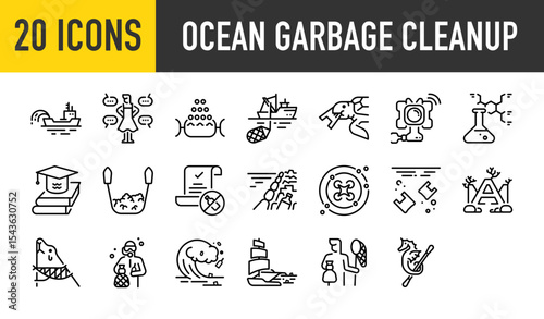 Set of 20 Ocean garbage cleanup vector. such as Sediment, Beach, Leak, Boat, Sea, Rovs, Ocean , Floating Debris, Prohibit, Technology, Life, Animal, Sunk, Boat illustration.	
