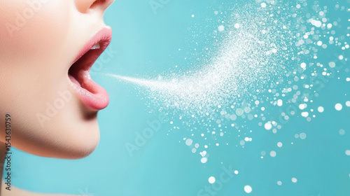 Close up of woman mouth exhaling fine mist, creating dreamy atmosphere with sparkling particles in air