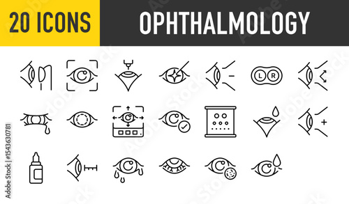 Set of 20 Ophthalmology vector. such as Eye, Check, Intraocular, Shortsighted, Contacts, Presbyopic, Disease, Healthy, Chart, Medicine illustration.	
