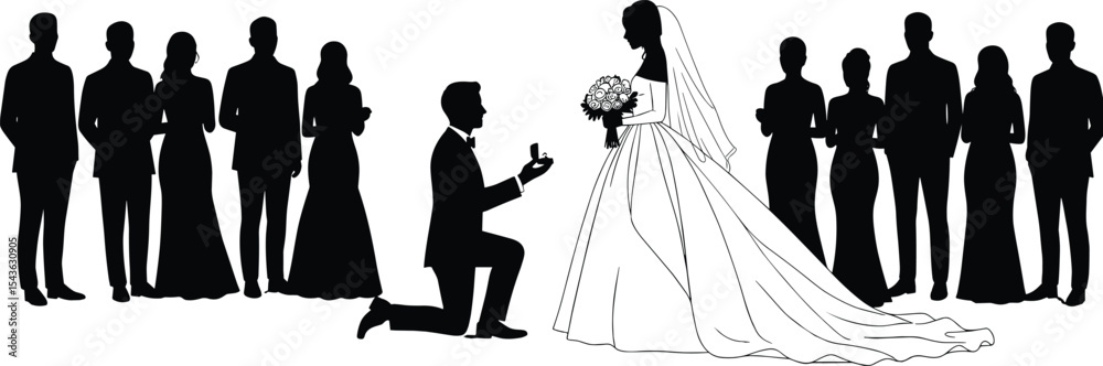 Wedding proposal scene silhouette, bride in dress, groom on knee, engagement moment vector, wedding party standing, romantic ceremony concept, marriage illustration, black and white graphic Wedding proposal scene silhouette, bride in dress, groom on knee, engagement moment vector, wedding party standing, romantic ceremony concept, marriage illustration, black and white graphic