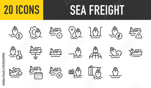 Set of 20 Sea freight vector. such as Shipping, Ship, Check, Track, Shipyard, Power, Caution, Anchor, Breaking Wave, Speed, Time, Load illustration.	
