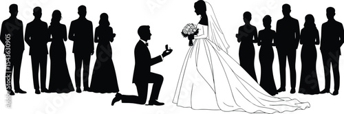 Wedding proposal scene silhouette, bride in dress, groom on knee, engagement moment vector, wedding party standing, romantic ceremony concept, marriage illustration, black and white graphic