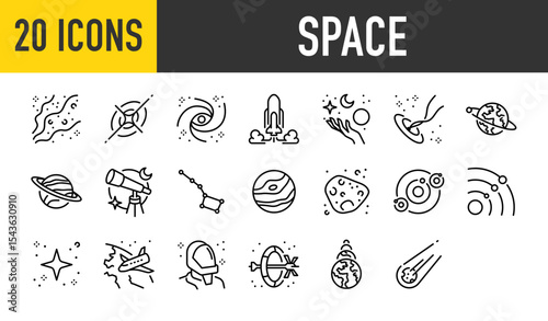 Set of 20 Space vector. such as Interstellar, Star, Science, Rocket, Worm Hole, Moon, Globe, Minor Planets, Asteroid illustration.	
