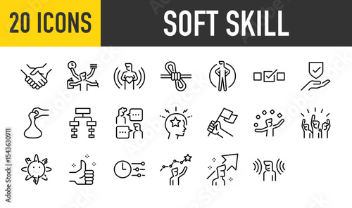 Set of 20 Soft skill vector. such as Shake Hands, Work, Feelings, Tie, Stretch, Self Possession, Certificate, Chart, Skill, Brilliant, Flag, Happy, Like, Time, Listen illustration.	
