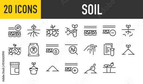 Set of 20 Soil vector. such as Healthy, Land, Ground, Chemistry, Rock, Alkali, Instant, Moist Soil, Science, Hand, Test, Ground, Bottle, Pot, Geology, Tool, Lotus illustration.	
