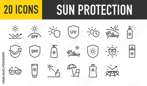Set of 20 Sun protection vector. such as Shield, Time, Protection, Spray, Cream, Summer, Sunglasses, Hot, Travel illustration.	
