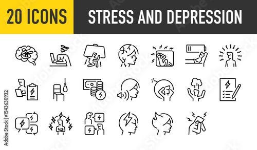 Set of 20 Stress and depression vector. such as Brain, Stress, Broken, Heavy, Pressure, Man, Serious, Mental Illness, Money, Sound, Explosion, Communication, Talk illustration.	
