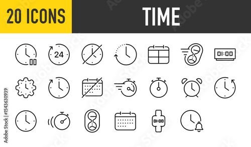 Set of 20 Time vector icons. such as Clock, Time, Hours, Timer, minutes illustration.	
