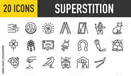 Set of 20 Superstition vector. such as Tradition, Currency, Fortune, Tool, Glass, Malediction, Animal, Clover, Dream, Communication, Fingers, Horseshoe, Rabbit, Book illustration.	

