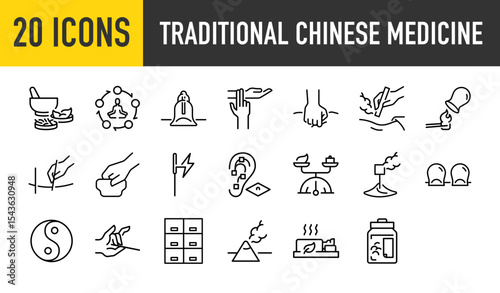 Set of 20 Traditional chinese medicine vector. such as Medicine, Healthy, Cupping, Extremity Palpation, Chinese, Heat, Medicine, Ear Seed, Needle, Opposite, Cone illustration.	
