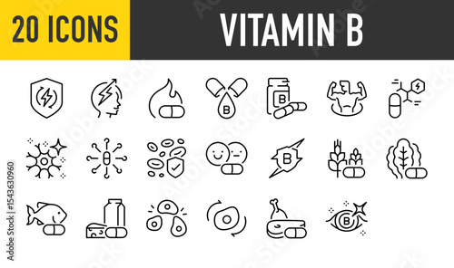 Set of 20 Vitamin b vector. such as Power, Calories, Increase, Pill, Power, Bottle, Healthy, Benefits, Plant Base, Food, Form, Cheese, Meat, Eye illustration.	

