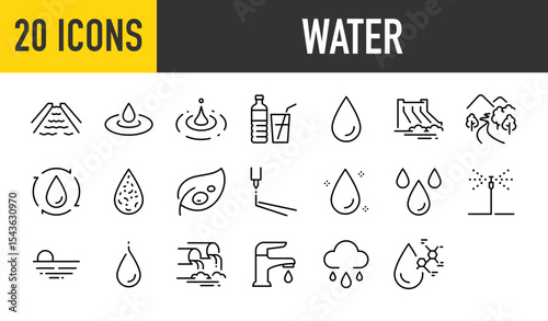 Set of 20 Water vector. such as River, Drink, Beverage, Recycle, Water, Natural, Knife, Rain, Spring, Summer, Faucet, Science illustration.	
