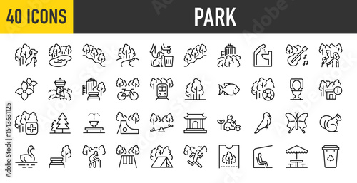 Set of 40 Park vector. such as Dog, Nature, Park, Drink, Music, Transport, Exercise, Travel, Medical, Animal, Old, Bus, Delete illustration.	
