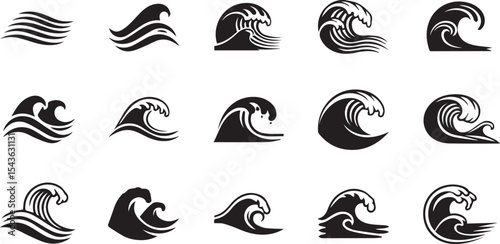 Ocean Wave Icons Set: Dynamic Sea Waves & Water Silhouettes
