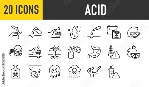 Set of 20 Acid vector. such as Danger, Skin Burns, Chemistry, Liquid, Drop, Chemistry, Fruit, Glasses, Danger, Plant, Chemistry, Acid, Rove Beetle illustration.	
