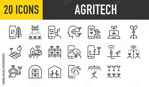 Set of 20 Agritech vector. such as Agriculture, Smart, Technology, Robot, Agricultural Field, Smart, Pest Control, Plant, Machine, App illustration.	
