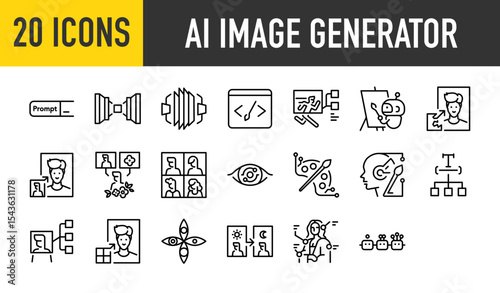 Set of 20 Ai image generator vector. such as Image, Machine Learning, Paint, Video, Photo, Super Resolution, Transfer, Eye, Art, Increase, Algorithm, Background, Update illustration.	

