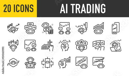 Set of 20 Ai trading vector. such as Artificial Intelligence, Analysis, Stocks, Trade, Graph, Market, Copy Trade, Robot illustration.	
