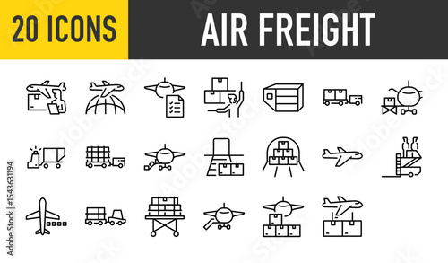 Set of 20 Air freight vector. such as Services, Global, Document, Airport, Shipping, Vehicle, Plane, Air Cargo Service, Load, Crate, Fly, Weight, Transfer, Delivery illustration.	
