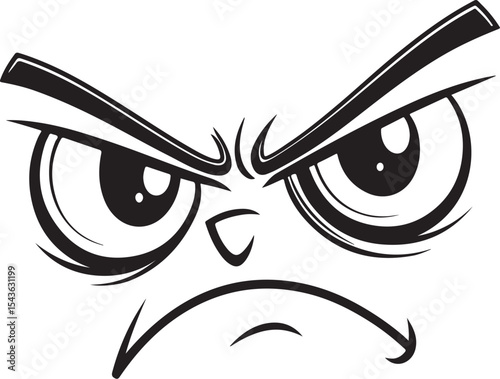 Angry Eyes or Face with Emotion of Aggression, Suspicion, Resentment, Grumpy, Vector Illustration, Sketch Drawing Line Linear Symbol Icon Engraving Coloring Book, Hand-drawn Black and White Isolated