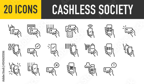 Set of 20 Cashless society vector. such as Scan, Card, Pay, Paying, Technology, Mobile, Shopping, Caution illustration.	
