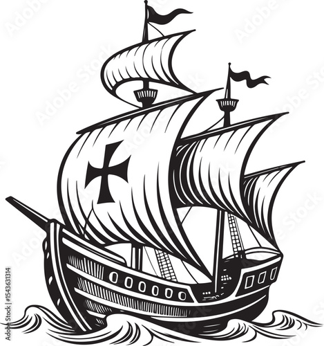 Caravel Ship Vector Illustration, Sketch Drawing Line Linear Symbol Icon Engraving Coloring Book, Hand-drawn Black and White Isolated