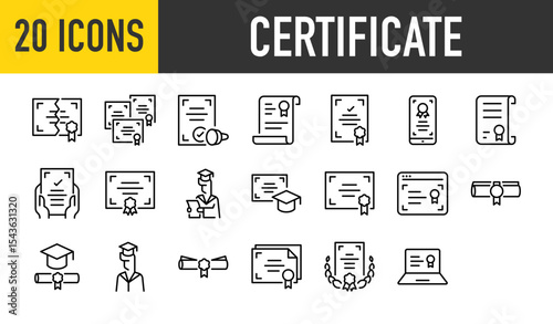 Set of 20 Certificate vector. such as Unofficial, Graduation, Diploma, Mobile, Graduation, Award, Web, Laptop illustration.	
