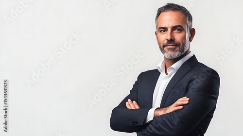 Confident Businessman in Dark Suit with Arms Crossed Against a White Background