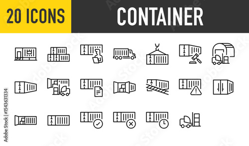 Set of 20 Container vector. such as Office, Storage, Check, Truck, Load, Sale, Container, Shipping, Transfer, Document, Box, Danger, Caution, Box, Product, Accept, Shipping illustration.	
