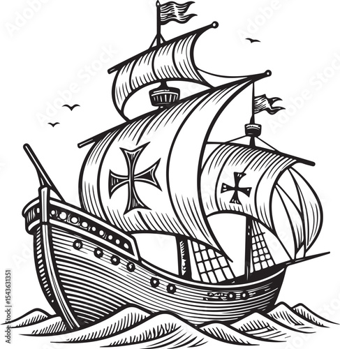 Caravel Ship Vector Illustration, Sketch Drawing Line Linear Symbol Icon Engraving Coloring Book, Hand-drawn Black and White Isolated