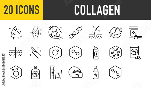 Set of 20 Collagen vector. such as Woman, Healthy, Molecule, Old, Dipeptides, Drink, Tripeptide, Gluta, Product illustration.	
