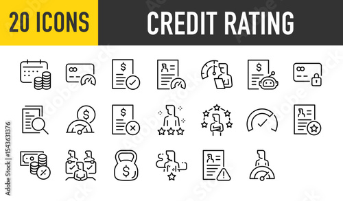 Set of 20 Credit rating vector. such as Schedule, Ratio, Document, Profile, Credit, Card, Dashboard, Finance, Money, Low, Caution illustration.	
