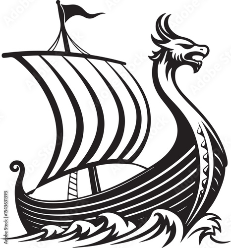 drakkar ship Vector Illustration, Sketch Drawing Line Linear Symbol Icon Engraving Coloring Book, Hand-drawn Black and White Isolated