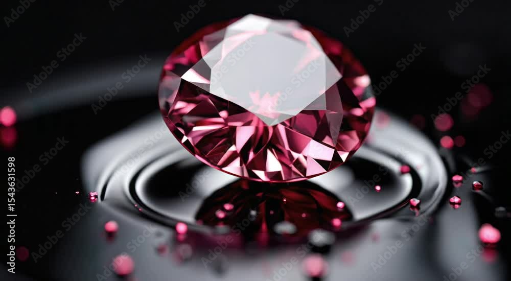 Stunning pink diamond with refractions and reflections on a black surface