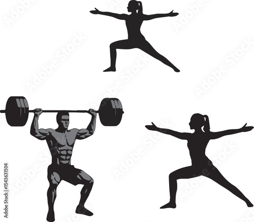 Fitness & Sports Silhouettes: Weightlifting, Yoga & Golf Figures
Exercise Poses Vector Set: Athletic People Black & White Graphics