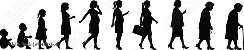 Female life stages silhouette, girl to elderly woman, human aging process vector, woman evolution timeline, pregnancy stage, life journey graphic, isolated black figure, generational concept art