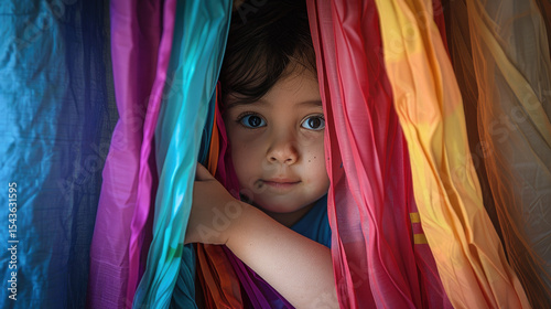 Curious Child Peeking Through Colorful Fabric Curtains in a Playful and Imaginative Setting
