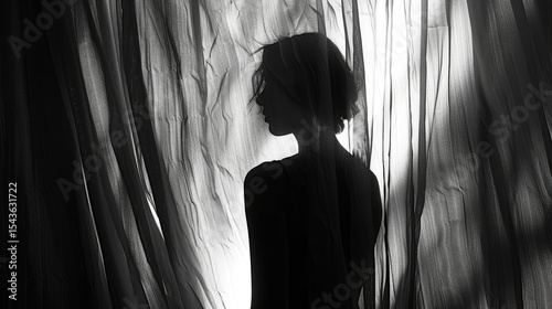 Glamorous woman silhouette with flowing dark hair reveals her sensual beauty in a studio