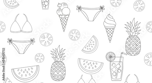 Summer themed outline pattern with swimwear ice cream fruit slices and refreshing drinks.