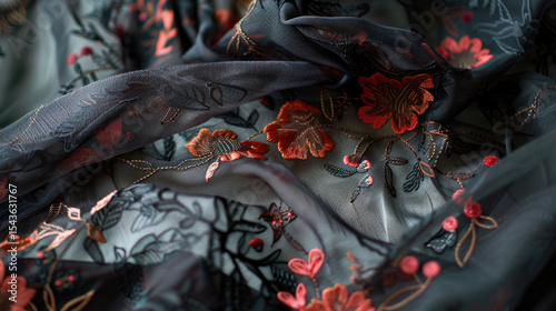Elegant Black Fabric with Intricate Floral Embroidery in Red and Orange Hues, Perfect for Fashion and Textile Design Inspiration