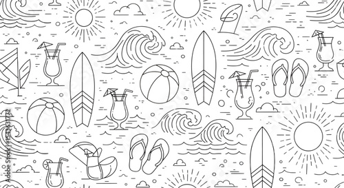 Summer themed line art pattern with surfboards waves suns drinks and beachballs.
