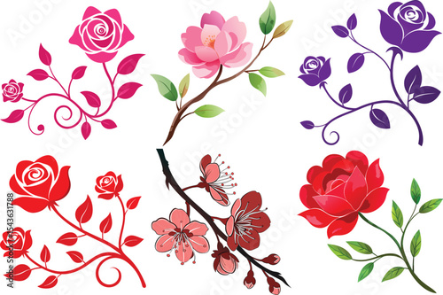 Floral Branch Set, Rose and Cherry Blossom Elements, Colorful on Transparent Background