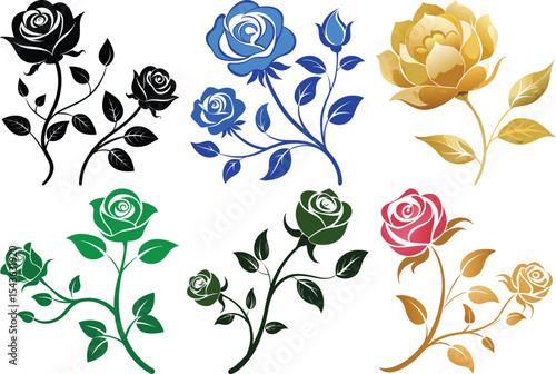Multi Colored Roses Collection with Leaves on White Background Isolated