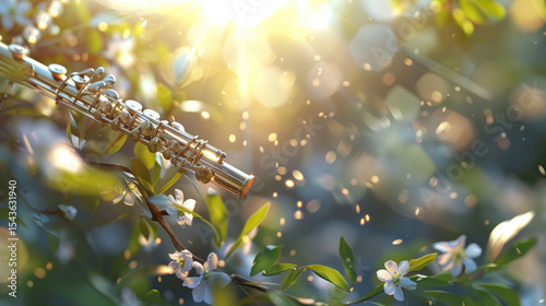 Golden Flute Among Blossoming Branches with Sunlight and Bokeh in a Serene Springtime Setting