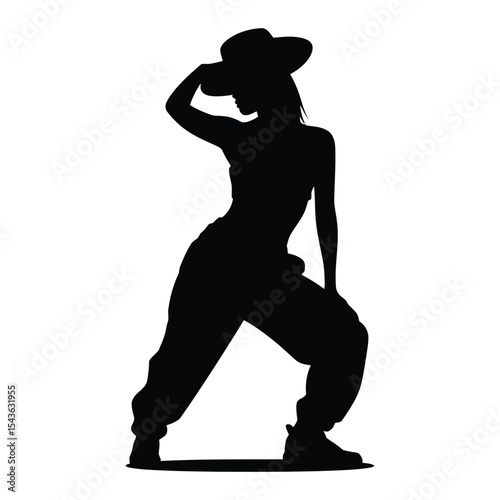 woman in Tilted hat hip-hop stance dance pose, a dynamic black silhouette of a young woman in stylish clothing, wearing a hat, performing a dance move.